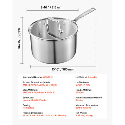 Casserole de 4 litres, en acier inoxydable avec couvercle en verre, petite casserole antiadhésive multifonctionnelle avec poignée ergonomique, compatible avec le four, le lave-vaisselle et la plaque à induction.