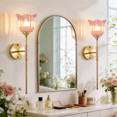 2-Pack Battery Operated Wall Sconces With Rechargeable RGB Dimmable Bulbs & Remote Control, Amber Tulip Glass Lampshade, For Bedroom Bathroom Living Room