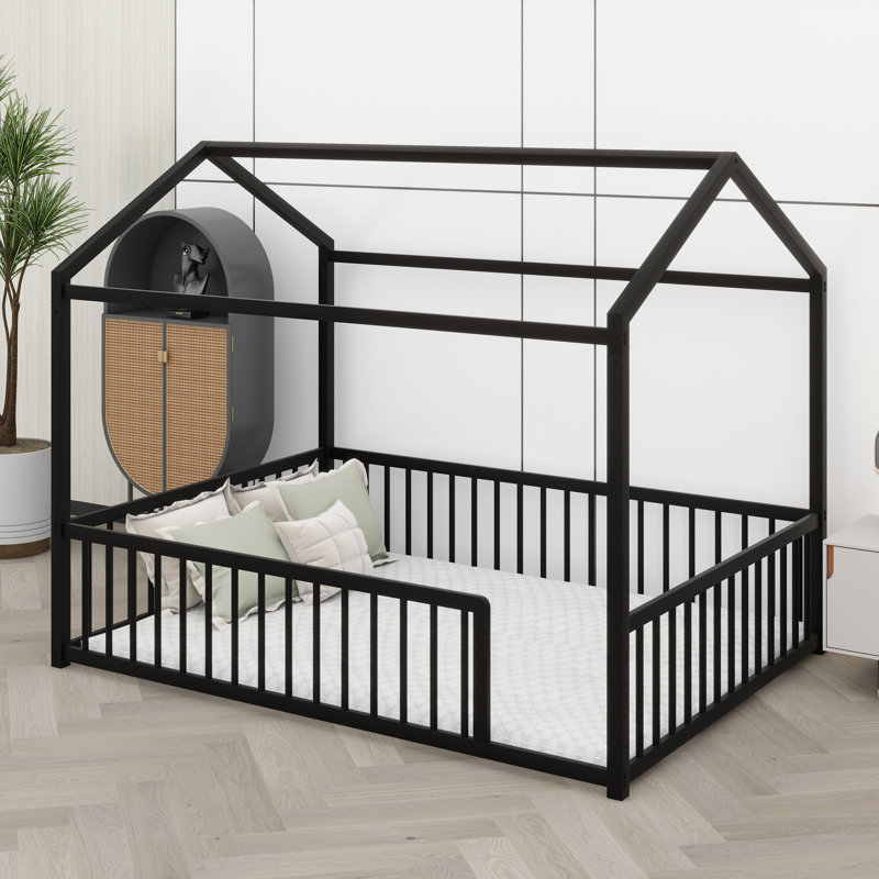 Child-Friendly Montessori Floor Bed Featuring House Silhouette And Fence, Full, Black