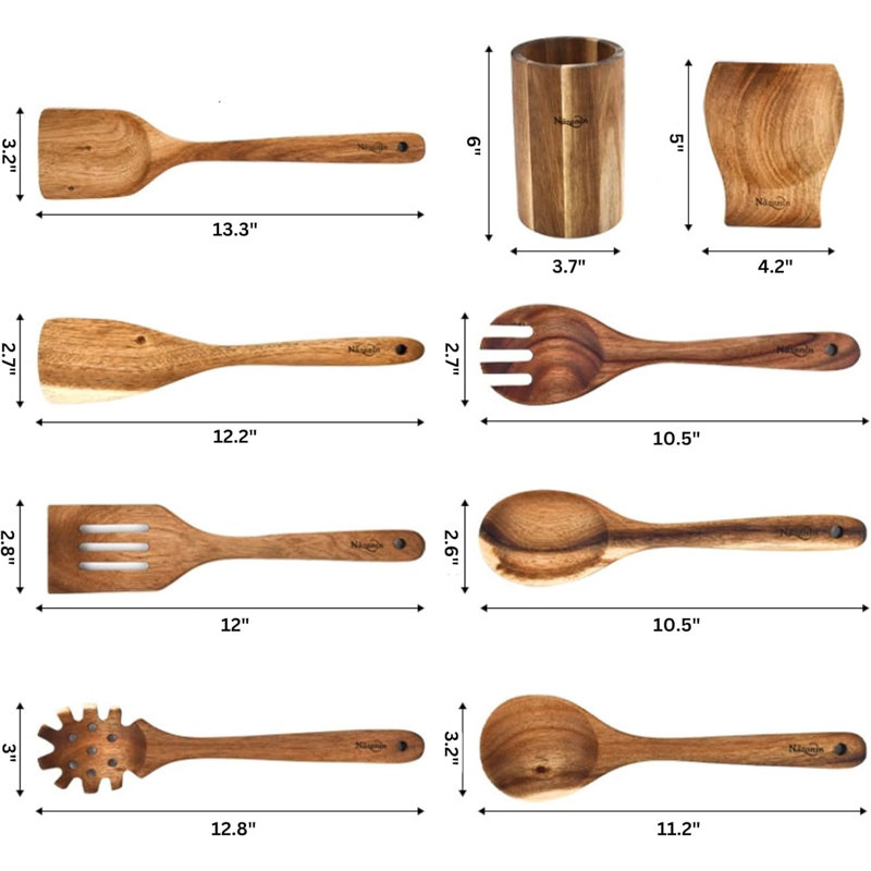 Ensemble d'ustensiles de cuisine 9 pièces en bois d'acacia avec support et cuillère, cuillères en bois anti-rayures pour batterie de cuisine antiadhésive, ustensiles de cuisine résistants à la chaleur, durables et légers