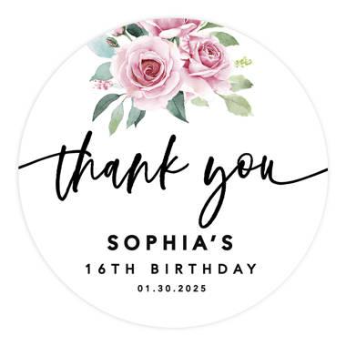 Custom Round Sweet 16 Thank You Favor Stickers, Set of 40, Pink Roses | Andaz Press