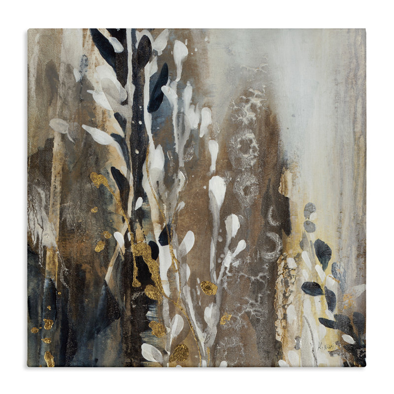 Peinture abstraite moderne brun-gris, plantes en cascade, encadré noir, art texturé par K. Nari, H 30 po x l 30 po