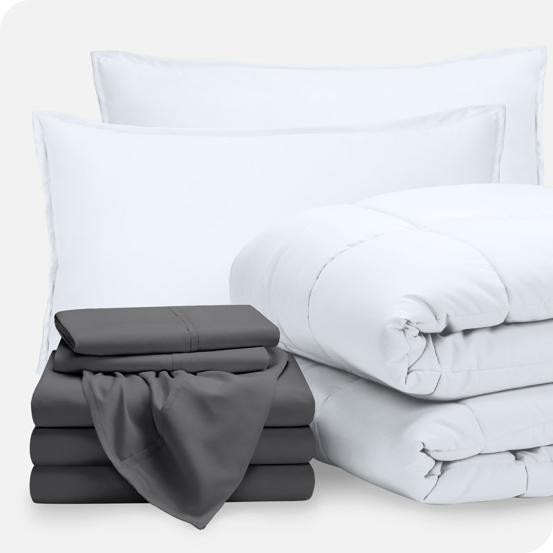 Lit dans un sac en microfibre 1800 de qualité supérieure 1800, Blanc / gris, Édredon divisé grand + 7 pièces supplémentaire