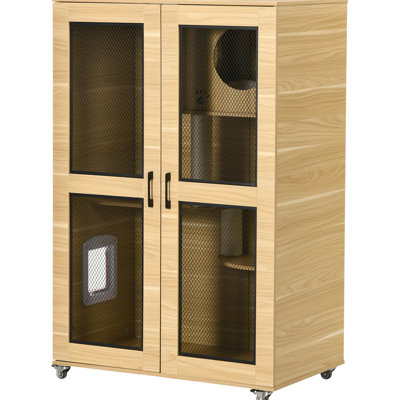 Mobile Villa - Cage intérieure pour chat avec poteaux à griffer, porte à rabat, coussin chaud, roues portatives en chêne de luxe, amoureusement