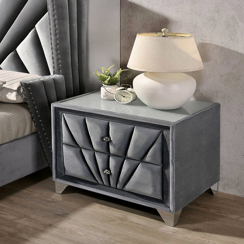 Table de chevet rembourrée en tissu avec 2 tiroirs