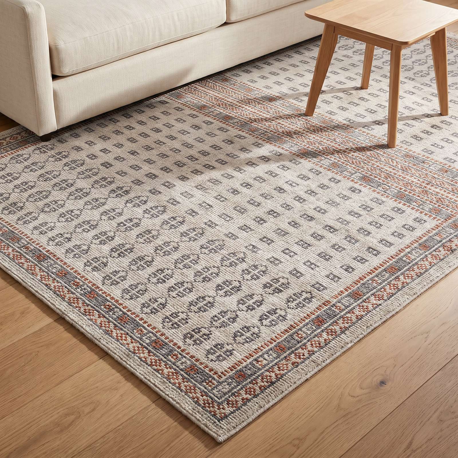 Ivory Brown Hand-Knotted Wool Rug, Rectange 5' x 8'