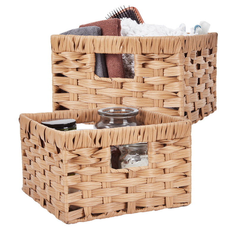 PE Rattan Storage Baskets Set of 2, Square Woven Waterproof Organizer Bins with Handles, Nesting Design, Yellow, Yellow
