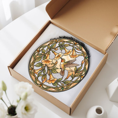 Hummingbird Floral Stained Glass Window Panel，7.8H
