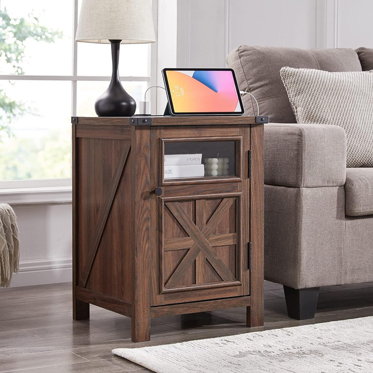 Ariellah 26'' Farmhouse End Side Table with Charging Station and Adjustable Storage Shelf