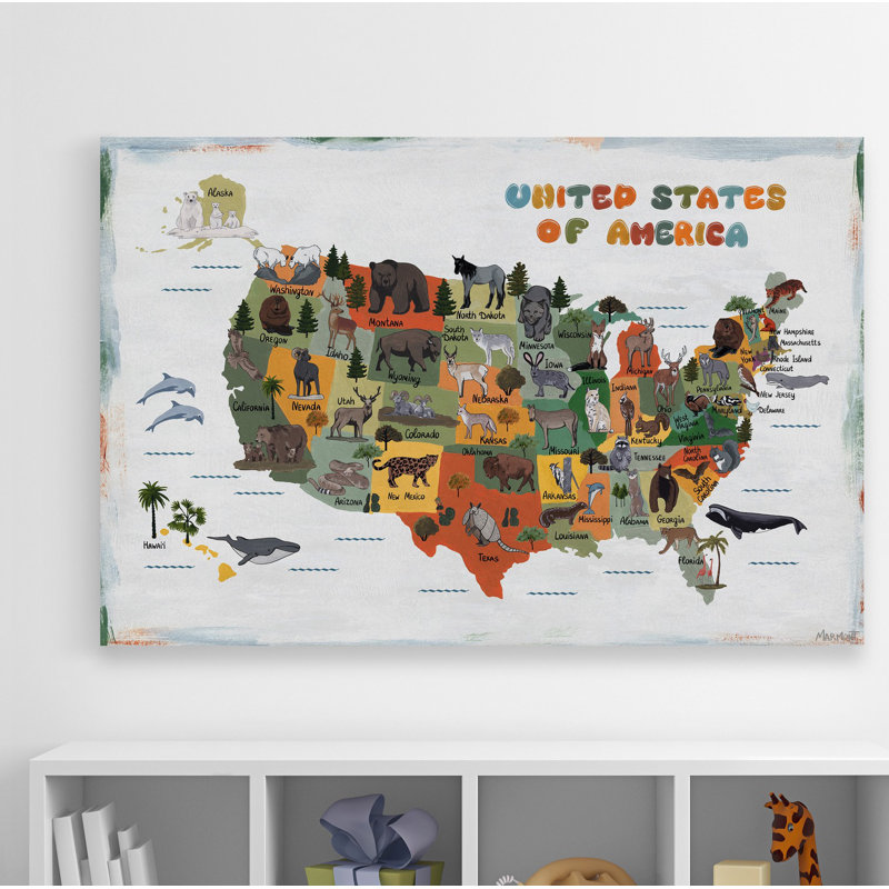 «Lagarde», carte colorée d'animaux des États-Unis sur toile tendue, H 8 po x l 12 po x P 1,5 po