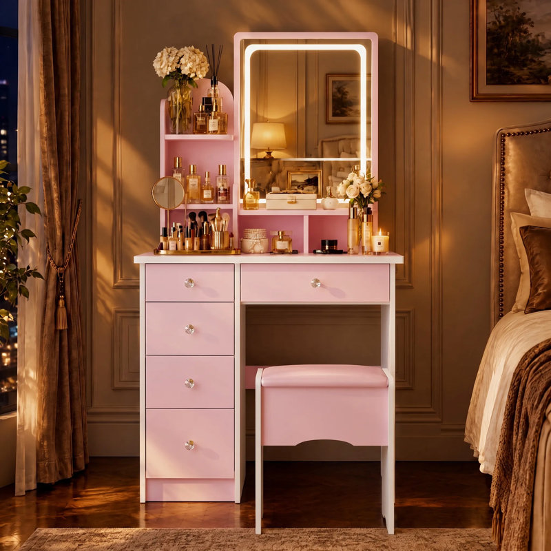Ensemble coiffeuse de 80 cm de large avec 5 tiroirs, miroir DEL 3 couleurs, tablettes ouvertes et tabouret., Rose