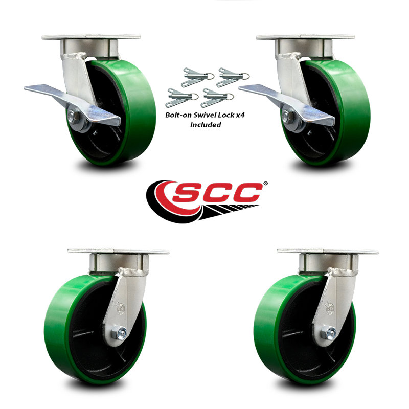 Ensemble de roulettes en poly sur roulettes 6 pouces 6 pouces 4 verrous pivotants 2 freins, Vert