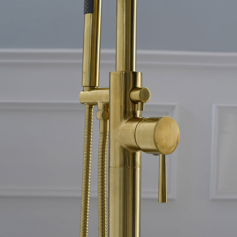 Single Handle Floor Mounted Freestanding Tub Faucet with Handshower, Brushed Gold