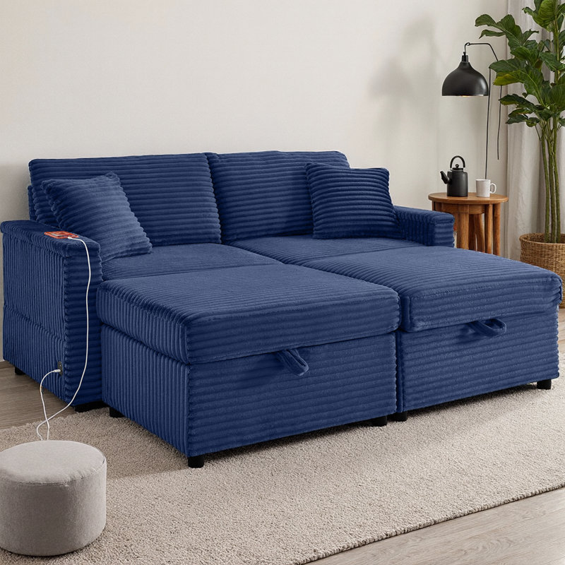 Comfortable Fluffy Corduroy Lazy Big Loveseat Couch, Super Soft Chaise Lounge 2-Seater Sofa with Double Storage Ottomans, Table Board & USB Port for Living Room