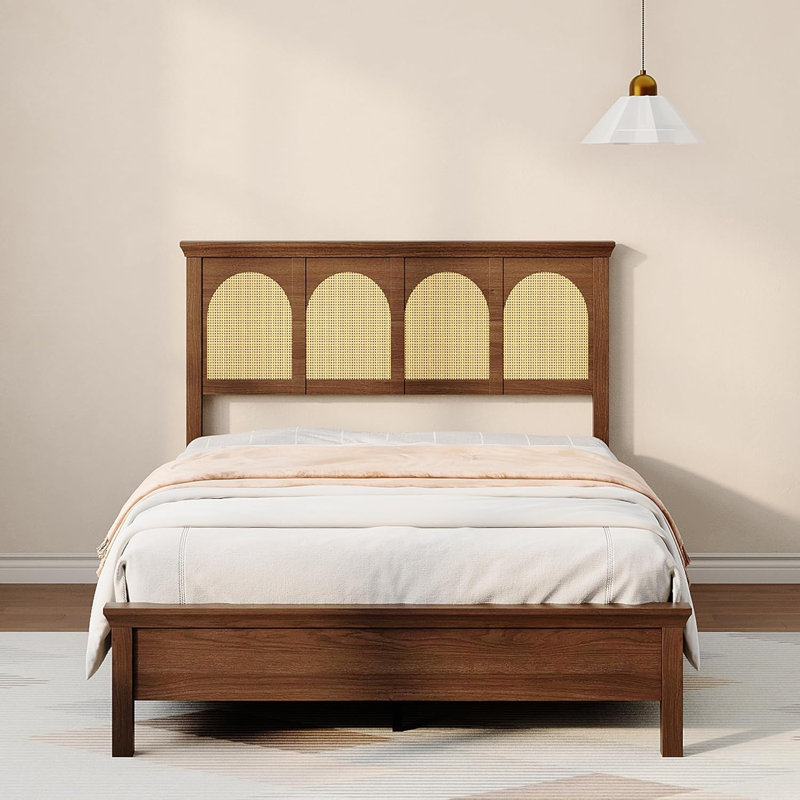 Full Bed Frame with Rattan Headboard, Storage Shelf, Underbed Storage & Silent Slats, Full / Double