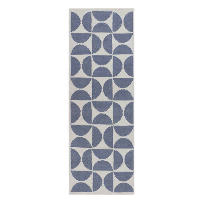 Tapis intérieur / extérieur bleu océan / ivoire à motif géométrique tissé à plat à la main