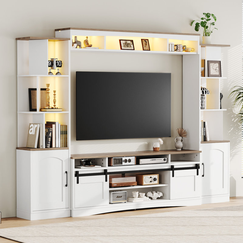 Farmhouse TV Stand and Wall Entertainment Center with Sliding Barn Doors, Adjustable Storage Shelves, Open Display Towers & Cable Management for TVs up to 75"