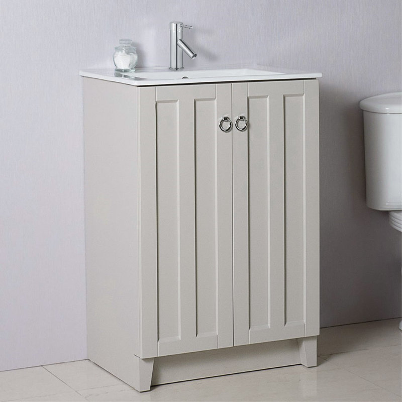 Rouen 24 " W Freestanding Standard Free Standing 1 Single Vanity Bathroom Vanity With Ceramic Top with Mirror, Light Gray