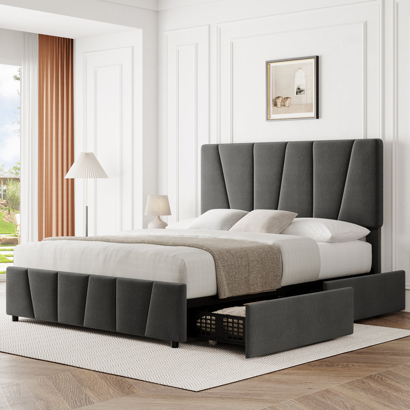 Bed Frame With Adjustable Headboard And 2 Storage Drawers, Soft Upholstered Platform Bed Frames, Full
