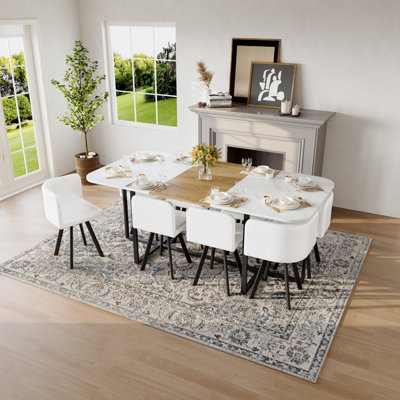 Ensemble de salle à manger carré 9 pièces avec plateau fixe en faux marbre blanc et imitation bois Triamine, 8 chaises en similicuir noir, idéal pour les réunions de famille.