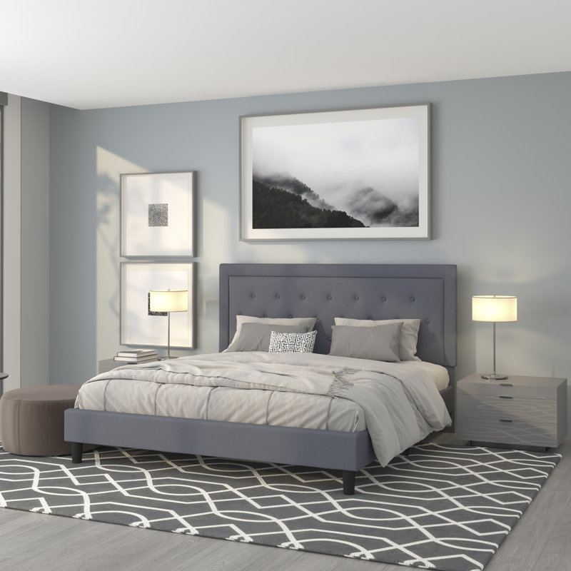 Aluino Panel Button Tufted Upholstered Platform Bed Frame - No Box Spring Required, King, Light Gray