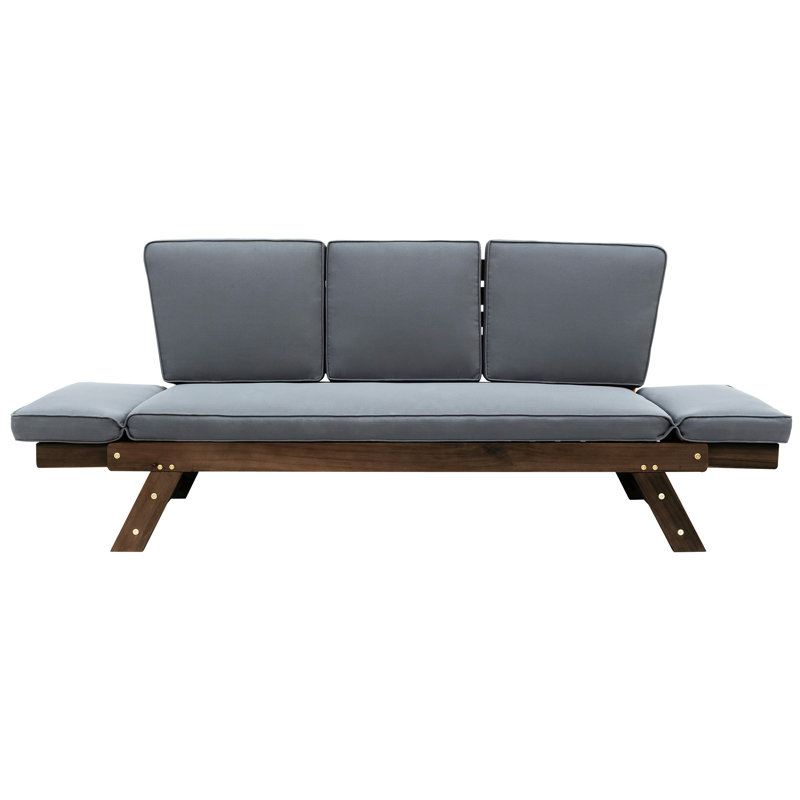 Lit de jour d'extérieur en bois avec coussins et coussins lavables - extensible et polyvalent, tissus de patio brun et gris, structure, brun / gris