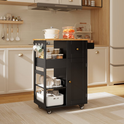 Chariot de cuisine roulant 23,6 po avec plateau en bois, armoire de rangement, tiroir et tablettes ouvertes