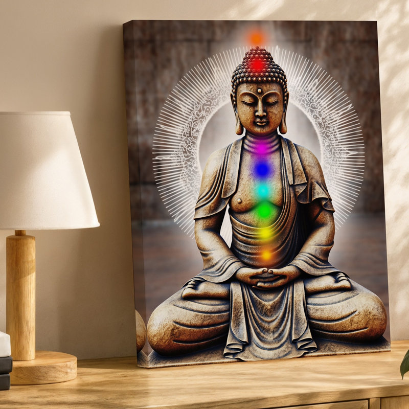 Toile, statue de Bouddha sereine posée dans une pose méditative, art mural en pierre texturée avec tons terreux chauds de brun et art mural sur toile