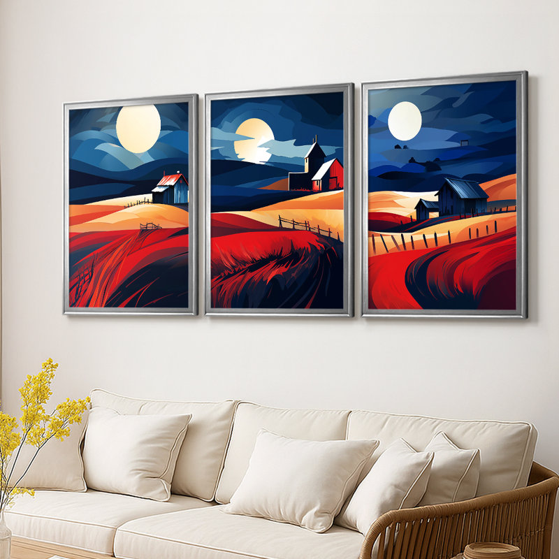 Paysages série Cxxvi - Toile tendue avec châssis sur mesure - 3 pièces, H 30 po x l 63 po, Argent argent