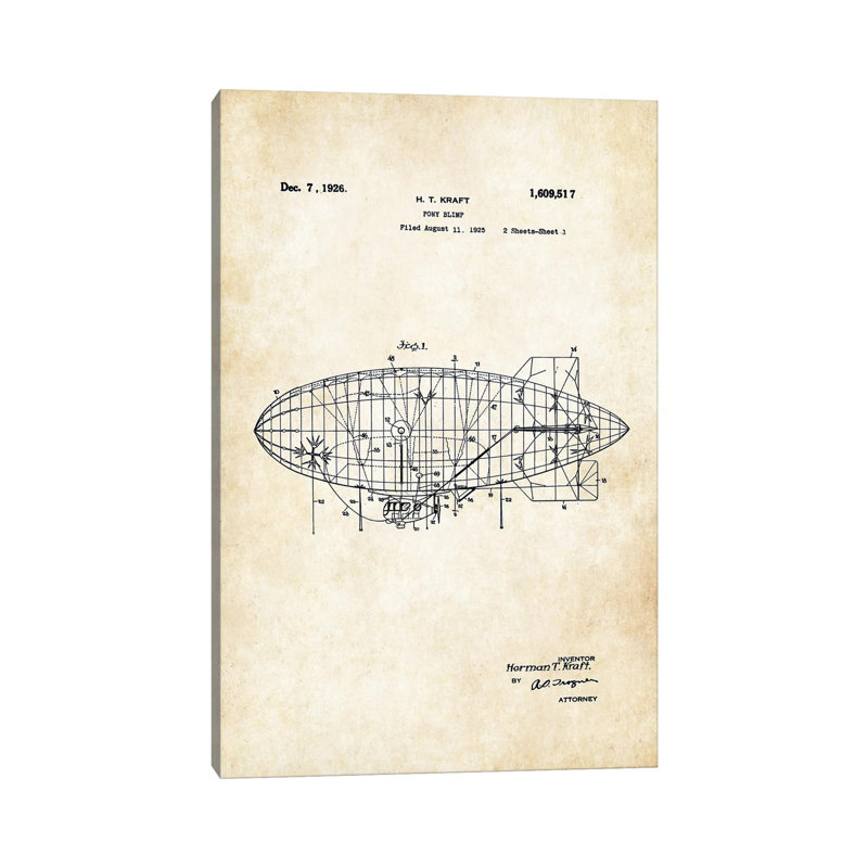 «Goodyear Blimp» par brevet77 - reproduction de dessin sur toile tendue, H 12 po x l 8 po x P 0,75 po