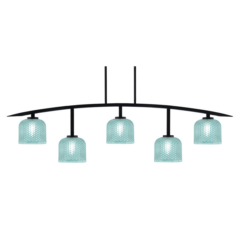Barre d'éclairage 5 lumières avec verre texturé Kurve, Noir mat, Sarcelle, H 13,5 po x l 51,25 po x P 6 po