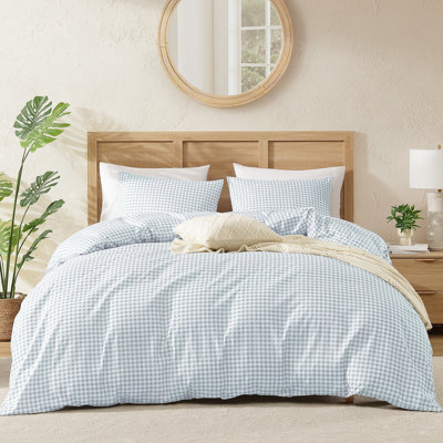 Housse de couette en vichy Andency pour lit double, ensemble de literie en tissu écossais à carreaux bleus, housse d'édredon en microfibre pré-lavée 3 pièces avec fermeture à glissière et attaches d'angle