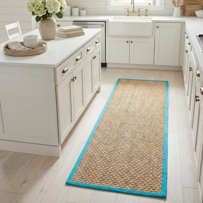 Tapis naturel / turquoise en bambou Chester, Tapis de couloir 2 pi 6 po x 8 pi