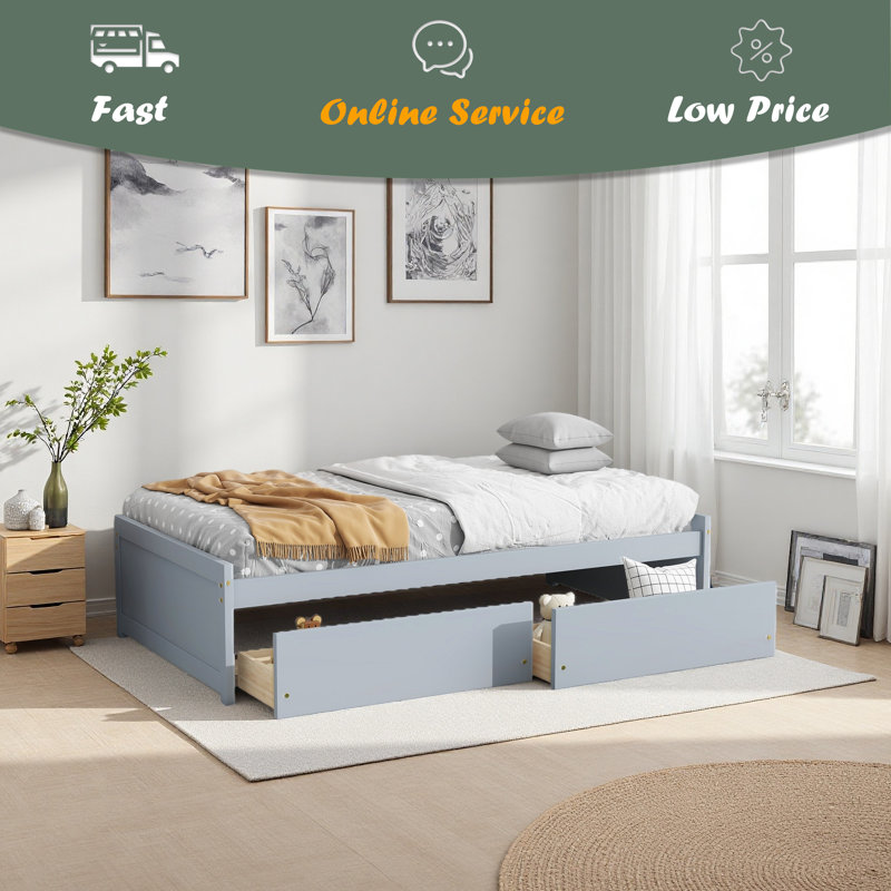 Lit simple avec 2 tiroirs, lit en bois d'hévéa massif, Gris
