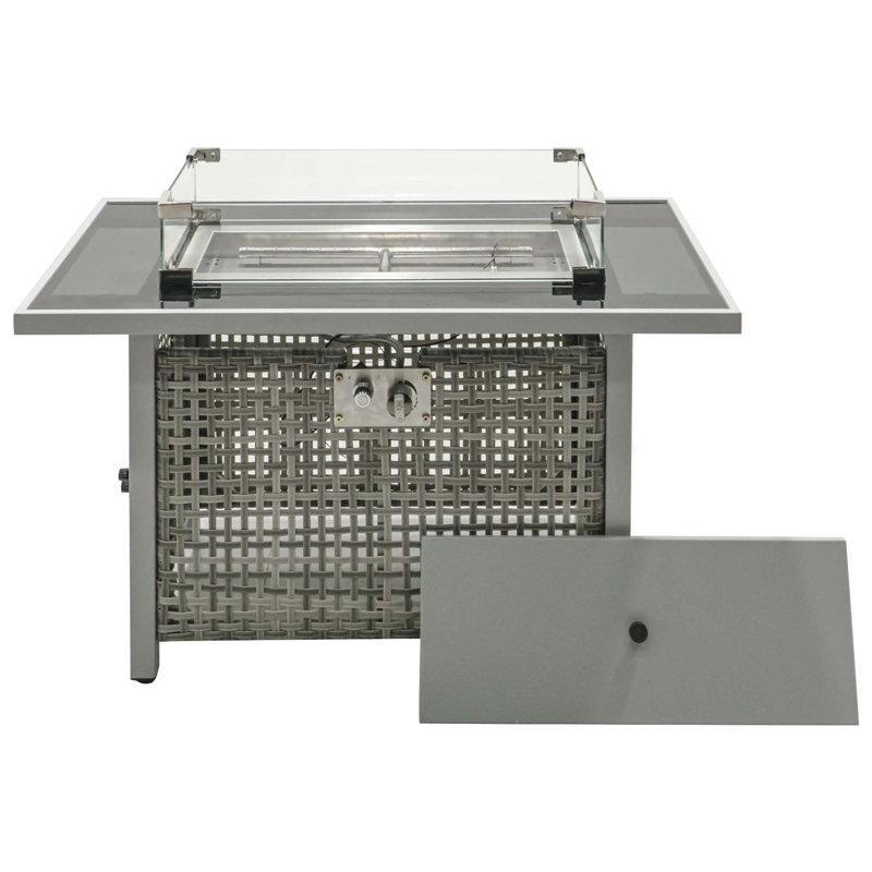 43" Propane Gas Fire Pit Table,60000 BTU Rectangular Open Weave Wicker Fire Pit with Glass Wind Guard for Outside Patio Deck Garden Backyard