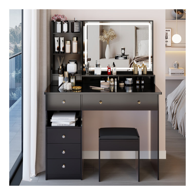 41" Large Size Left Drawer Desktop Vanity Table+Cushioned Stool, Extra Large Touch Control LED Mirror, 3-Color Switch, Multi Layer High Capacity Storage Fashionable Dresser, Suitable For Large Space