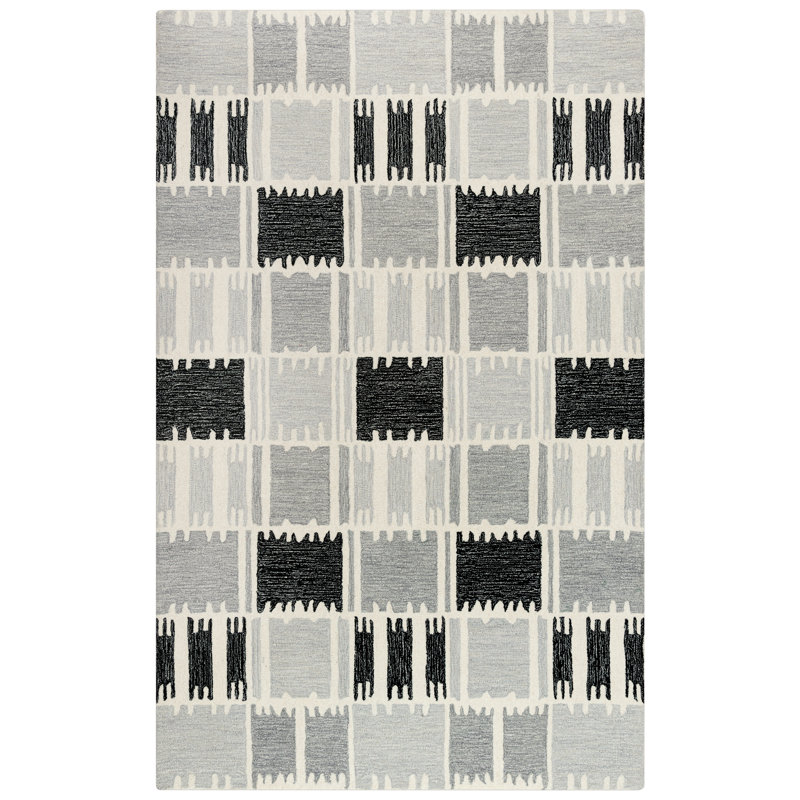 Tapis gris en laine touffeté géométrique fait main Dorion, Rectangle 5 pi x 8 pi