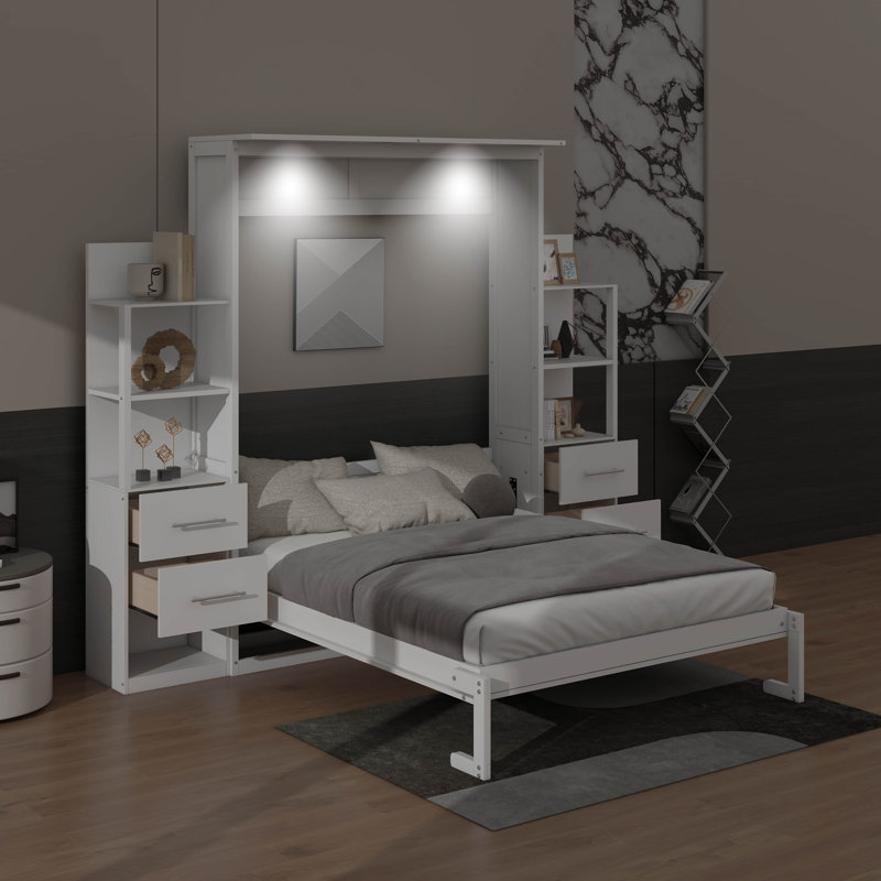 Queen Size Wall-Integrated Murphy Bed Featuring 4 Storage Drawers, LED Illumination, And Storage Shelving, Wooden Construction