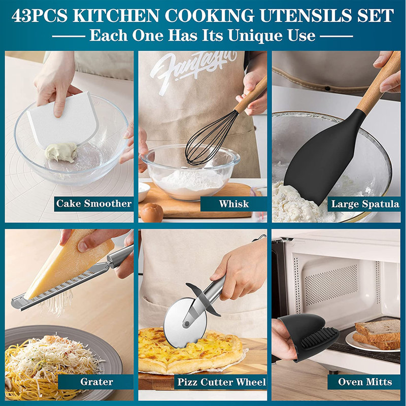 Ensemble d'ustensiles de cuisine en silicone, ensemble d'ustensiles de cuisine antiadhésif avec poignée en bois pour la cuisson, la cuisson et le mélange, meilleurs outils de cuisine avec support