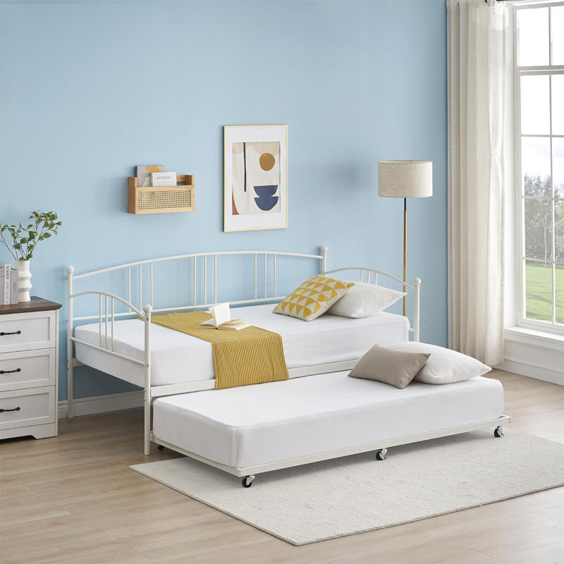 Twin Rectangular Twin Metal Daybed With Trundle, Sofa Bed Frame With 6 Casters And Steel Slat Support, White