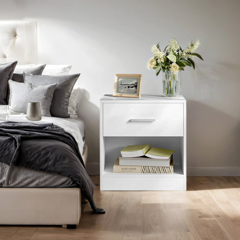 Bedside Table, Side Table with Drawer, Handle, Open Compartment, White