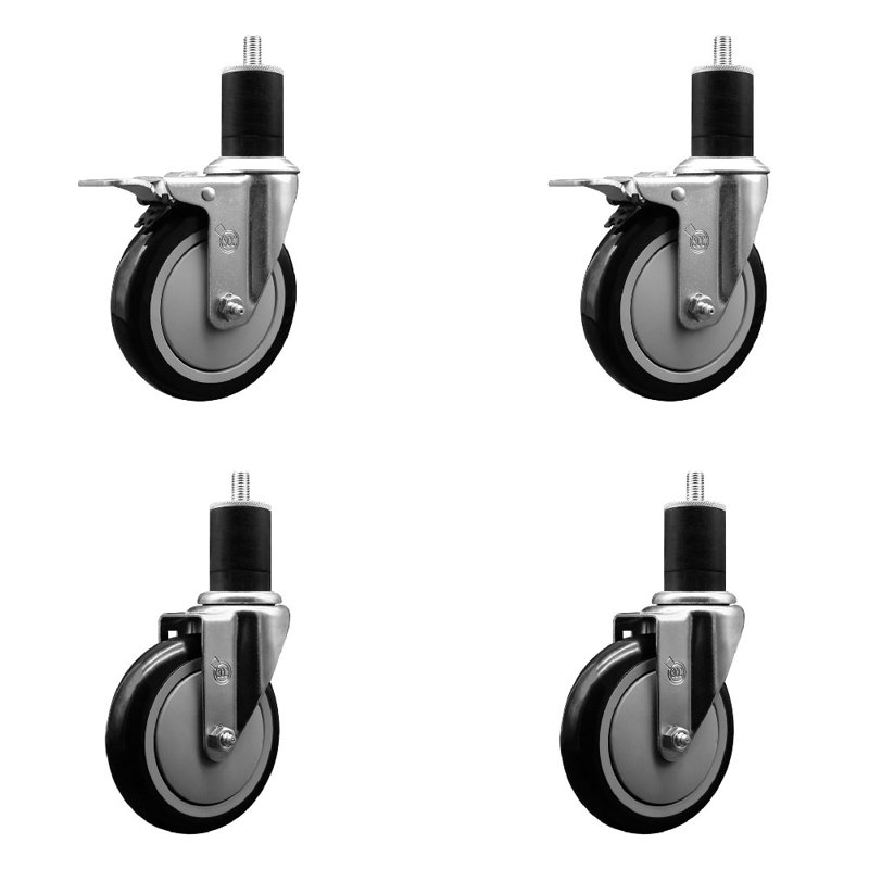 Ensemble de roulettes extensibles en poly pivotant de 5 pouces de 1 3/4 po et 2 freins à verrouillage total, Noir