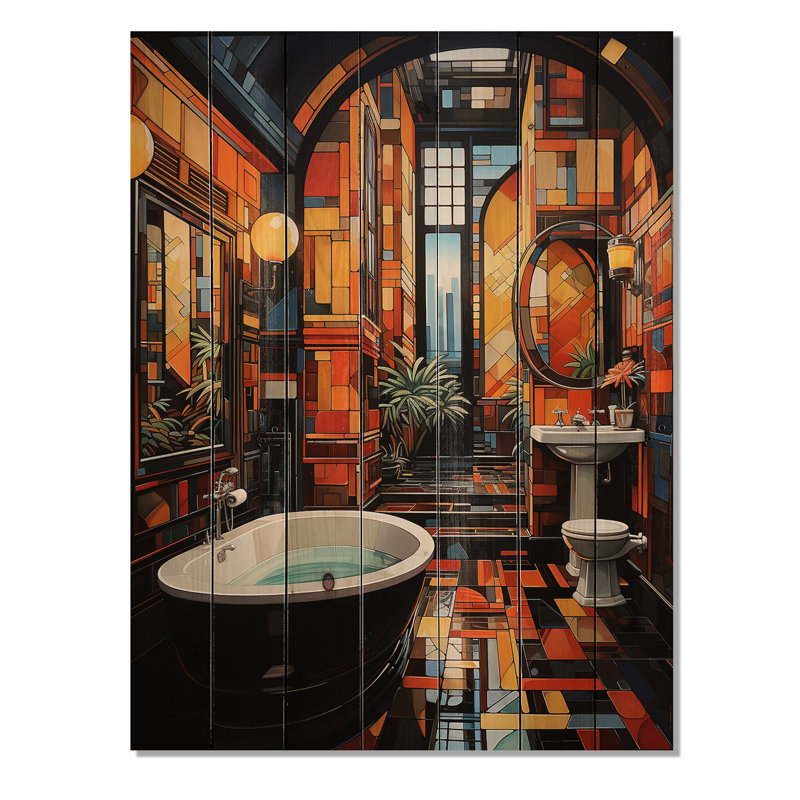Art déco pour salle de bain glam - impression de salle de bain sur bois de pin naturel, H 32 po x l 24 po x P 0,78 po