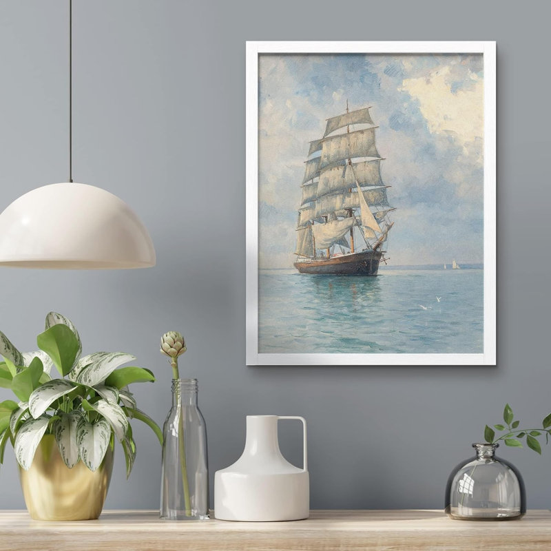 «Pastel Cloudy Sky Retro Ship Sail Wall Art Prints Natural Landscape For Living Room, encadré sur papier», Blanc