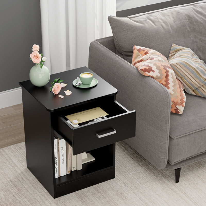 Ignacio 23.6" H Wood Nightstand with Drawer, Black, Set of 2
