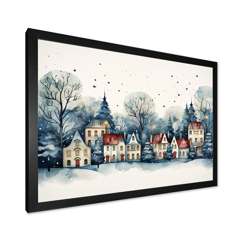 «Christmas Village In Winter I - Winter Landscape», art mural, Cadre d'angle fermé noir, H 16 po x l 32 po x P 1 po