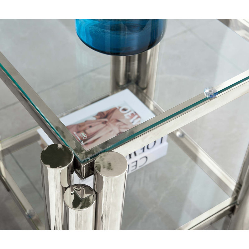 Table de bout carrée, table de bout moderne en acier inoxydable, table basse en verre trempé transparent double couche, table d'appoint avec rangement, pour le bureau à domicile