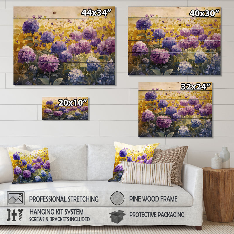 Fleurs d'hortensia d'été dans la prairie I - Art mural en bois d'hortensia - sur bois de pin naturel, H 10 po x l 20 po