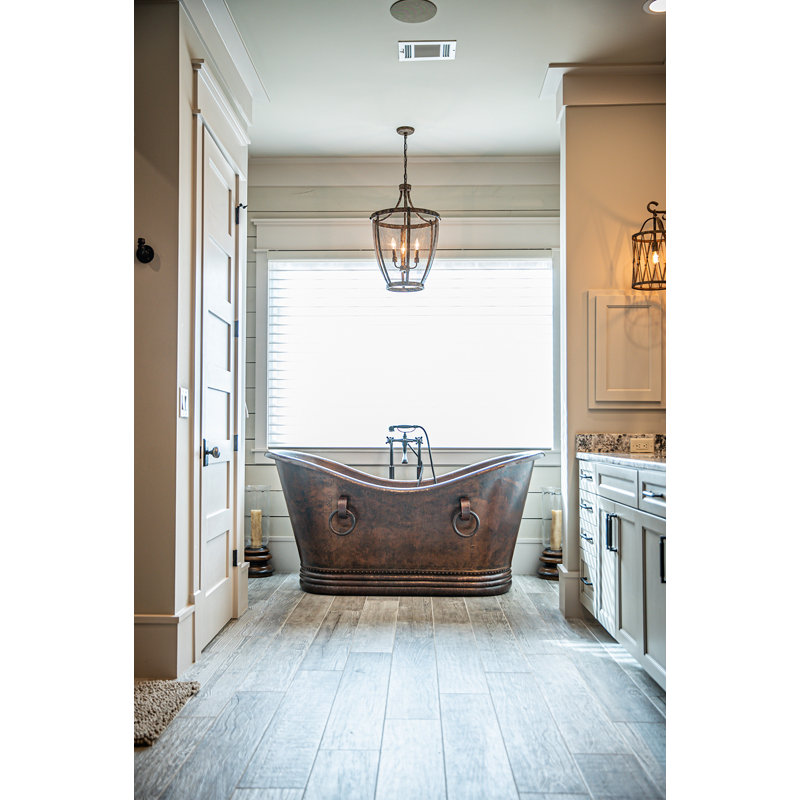 67" Hammered Copper Double Slipper Bathtub With Rings, Glazed Black