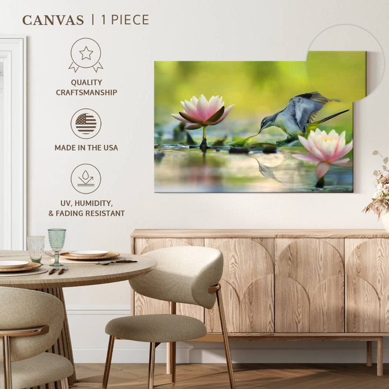 Brampt Lotus And Gray Wagtail Bird, 30" H x 45" W